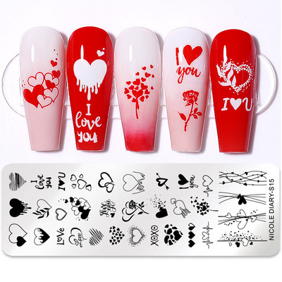 NICOLE DIARY Stripe Heart Stamping Plates Love Valentine Nail Stamp Templates Šablone za nokte Leaf Flower Manicure Decor