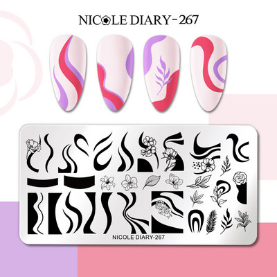 NICOLE DIARY Stripe Heart Stamping Plates Love Valentine Nail Stamp Templates Šablone za nokte Leaf Flower Manicure Decor