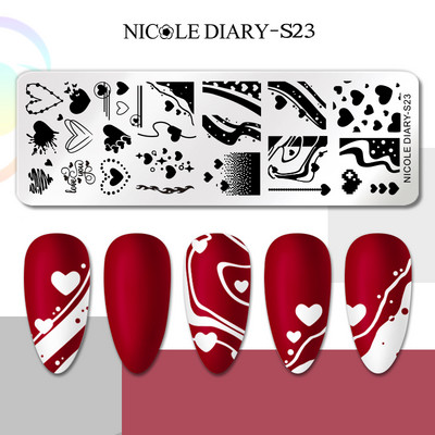NICOLE DIARY Stripe Heart Stamping Plates Love Valentine Nail Stamp Templates Šablone za nokte Leaf Flower Manicure Decor