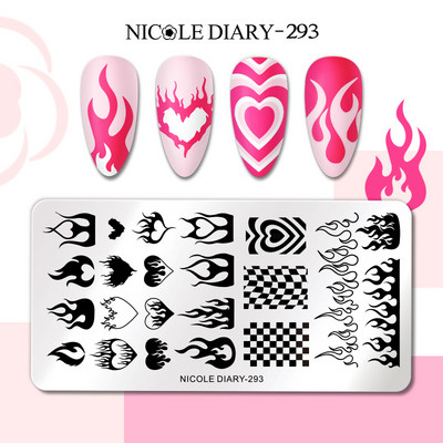 NICOLE DIARY Stripe Heart Stamping Plates Love Valentine Nail Stamp Templates Šablone za nokte Leaf Flower Manicure Decor