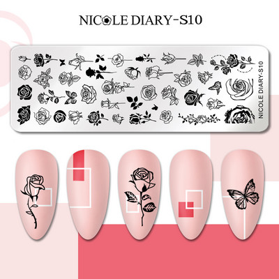 NICOLE DIARY Stripe Heart Stamping Plates Love Valentine Nail Stamp Templates Šablone za nokte Leaf Flower Manicure Decor