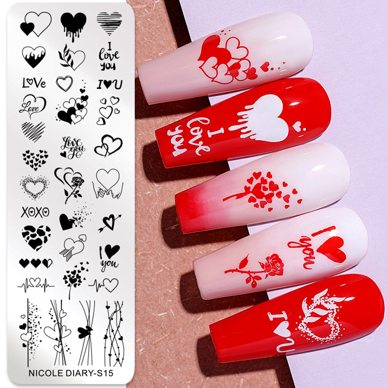NICOLE DIARY Stripe Heart Stamping Plates Love Valentine Nail Stamp Templates Šablone za nokte Leaf Flower Manicure Decor