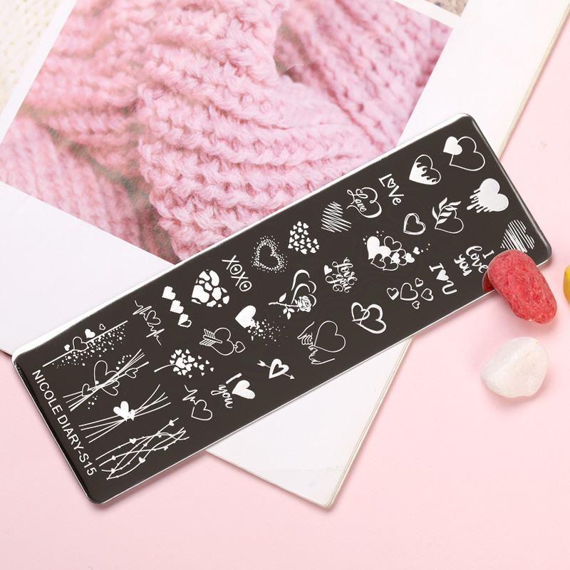 NICOLE DIARY Stripe Heart Stamping Plates Love Valentine Nail Stamp Templates Šablone za nokte Leaf Flower Manicure Decor