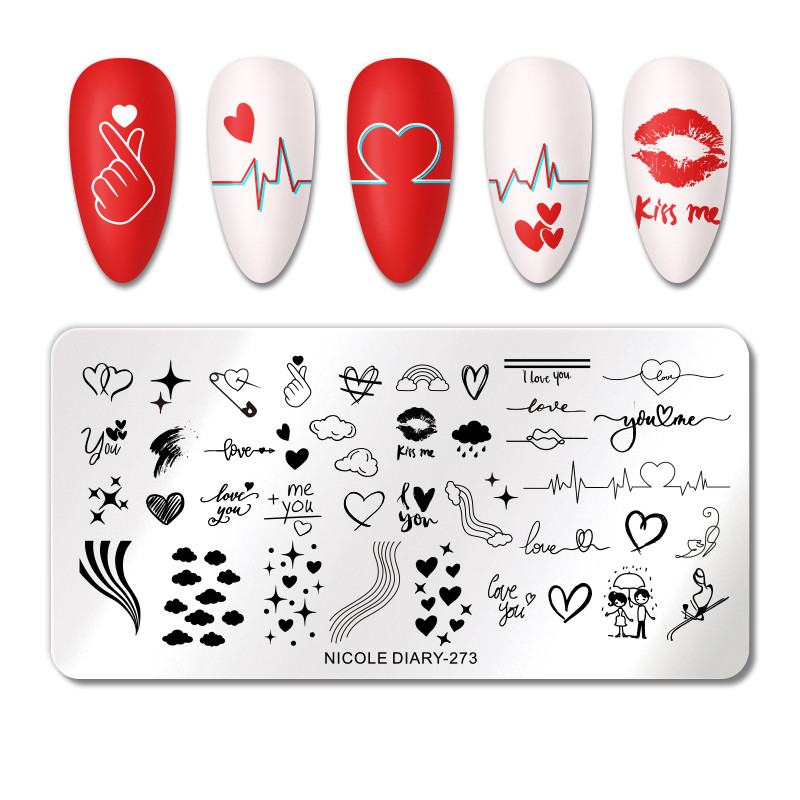 NICOLE DIARY Stripe Heart Stamping Plates Love Valentine Nail Stamp Templates Šablone za nokte Leaf Flower Manicure Decor