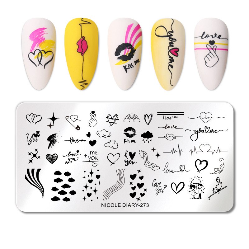 NICOLE DIARY Stripe Heart Stamping Plates Love Valentine Nail Stamp Templates Šablone za nokte Leaf Flower Manicure Decor