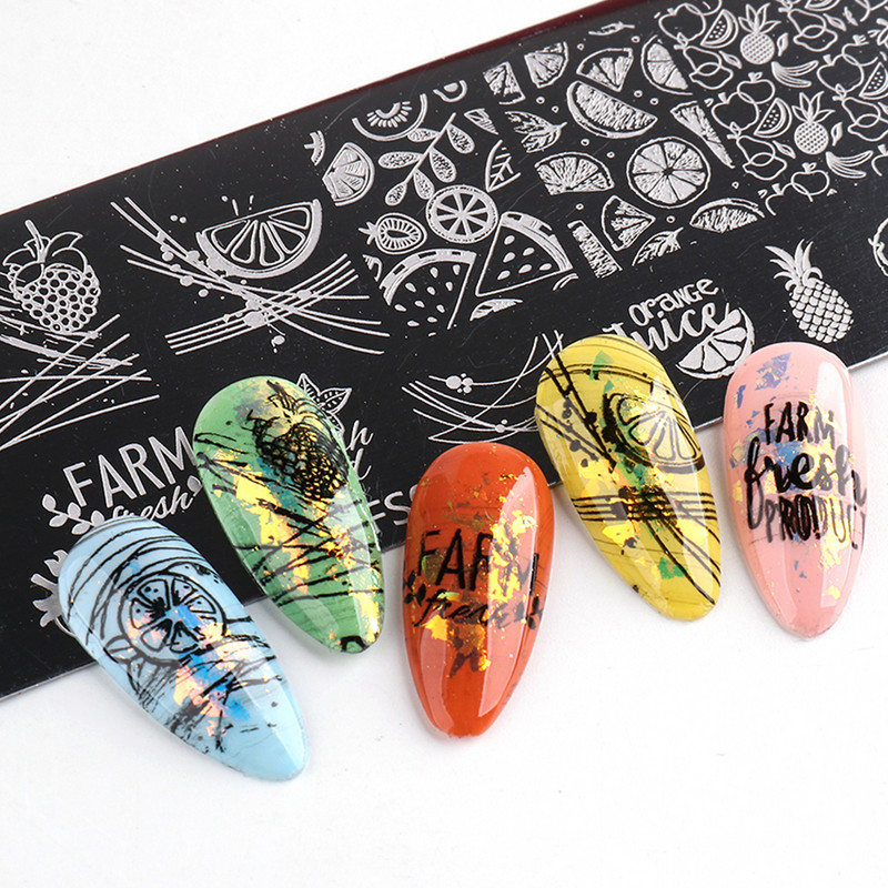 Vaisių dizaino nagų štampavimo plokštės, braškių linijos, lapų gėlių dizaino vaizdas, nerūdijančio plieno spausdinimo šablono plokštė GLSTZ-FS03