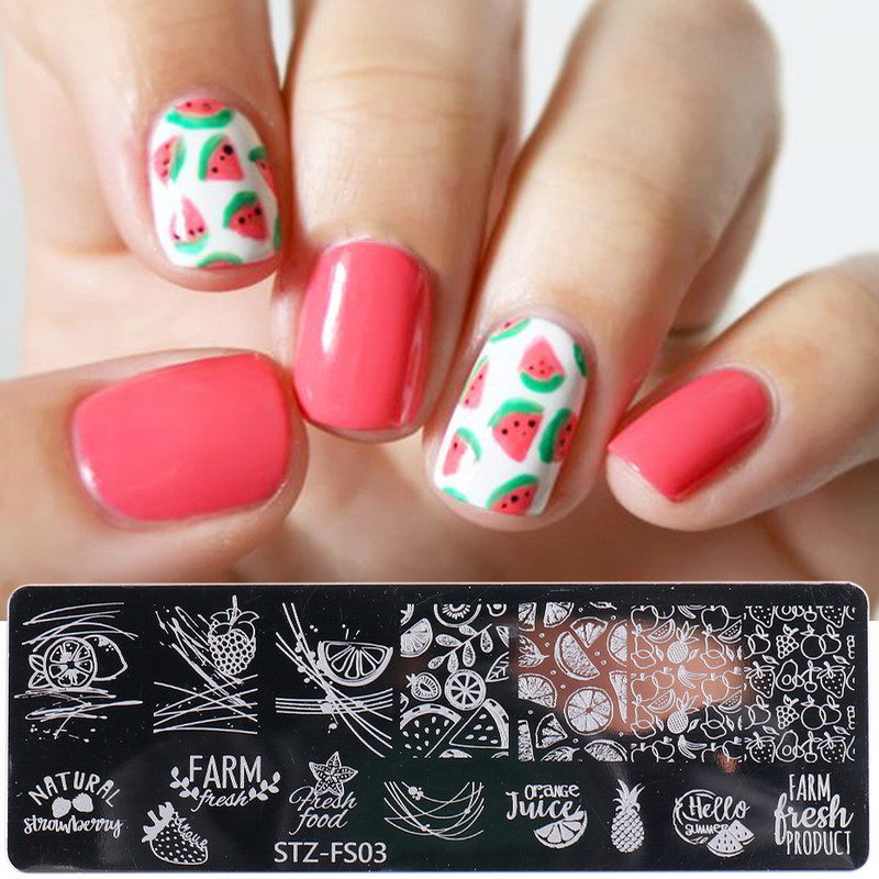 Vaisių dizaino nagų štampavimo plokštės, braškių linijos, lapų gėlių dizaino vaizdas, nerūdijančio plieno spausdinimo šablono plokštė GLSTZ-FS03