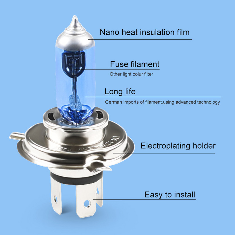 Autótartozékok H4 60/55W autós halogén izzó 12V halogén tompított fényszóró P43T 9003 szuper xenon fehér 6000K fényszóró lámpa