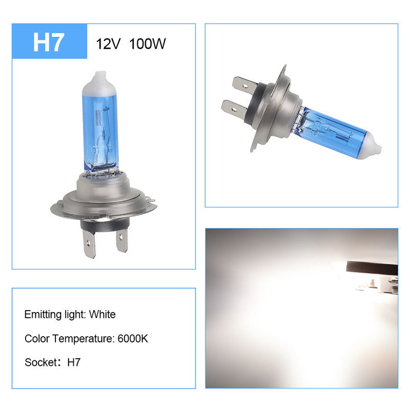 2PCS H7 12V 100W 6000K Xenon H7 Super White Halogen Automobilių šviesos šaltinio Lemputės Priekiniai žibintai Auto Lemp Parking