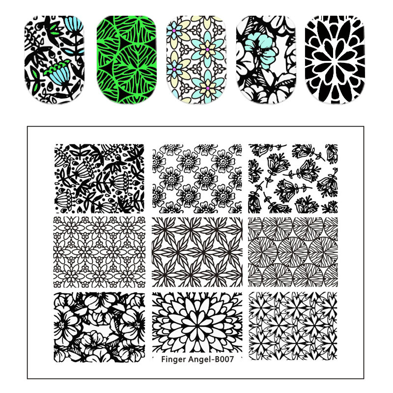 Finger Angel Lace Flower Leaves seeria küünte stantsimisplaadid roositempli kujutis roostevabast terasest küünte kunsti malli maniküüri tööriistad