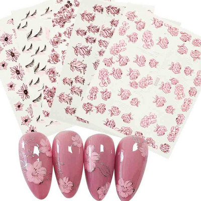 1PC Стикери за нокти Смесена партида Розово цвете 3D релефни стикери за нокти Направи си сам ръчно изработени стикери за нокти
