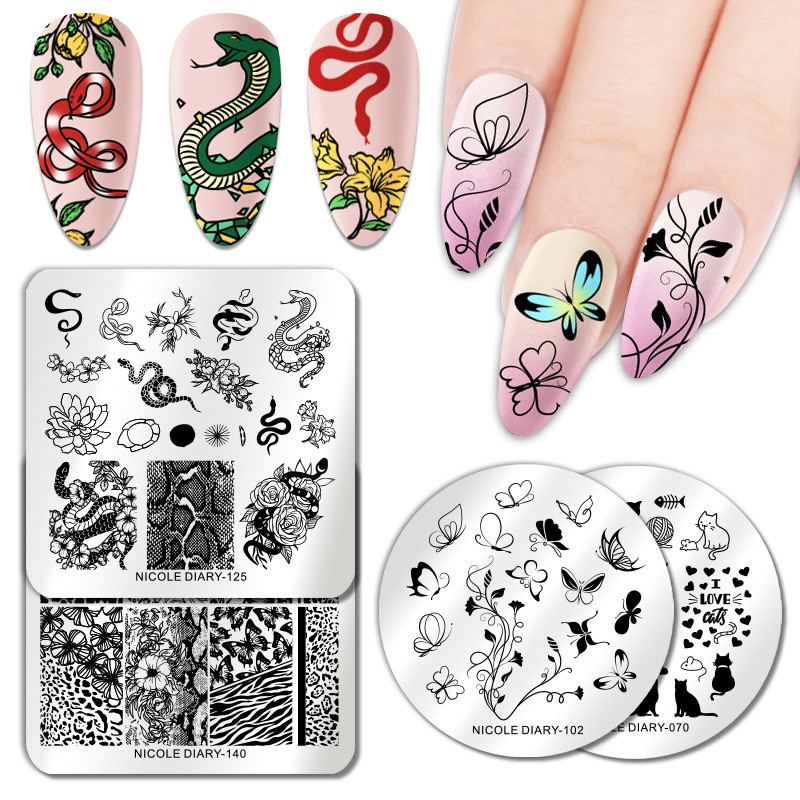 15 kujundust tembeldavad plaadid Tiigrisebra Madu Trükis Loomakujutis Roostevabast terasest küünekunsti šabloon Tekstuur maniküüri kaunistused