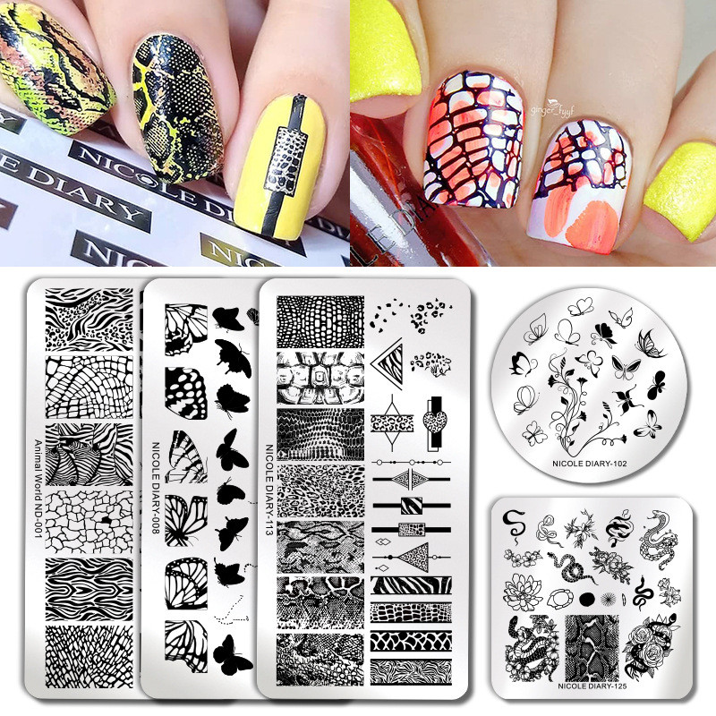 15 kujundust tembeldavad plaadid Tiigrisebra Madu Trükis Loomakujutis Roostevabast terasest küünekunsti šabloon Tekstuur maniküüri kaunistused