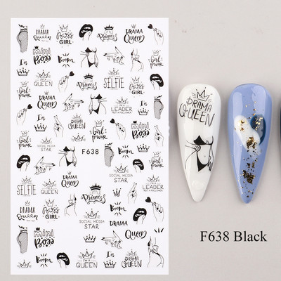 Mustvalgete tähtedega küünekleebis Abstraktne kunst Sõnad Silt 3D Disain Liugurid Graffiti Joone Kleebised Foolium maniküüri tarvikud