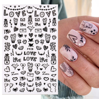 Mustvalgete tähtedega küünekleebis Abstraktne kunst Sõnad Silt 3D Disain Liugurid Graffiti Joone Kleebised Foolium maniküüri tarvikud