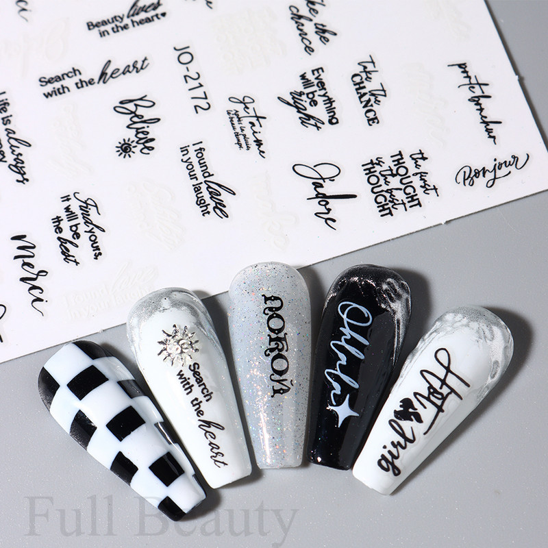 Mustvalgete tähtedega küünekleebis Abstraktne kunst Sõnad Silt 3D Disain Liugurid Graffiti Joone Kleebised Foolium maniküüri tarvikud