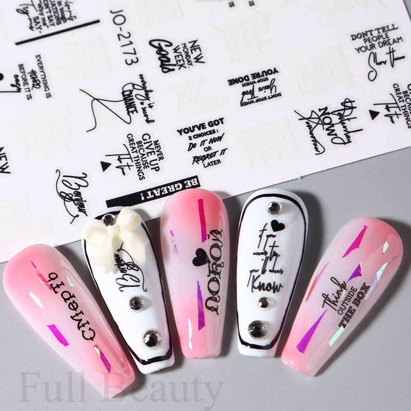 Mustvalgete tähtedega küünekleebis Abstraktne kunst Sõnad Silt 3D Disain Liugurid Graffiti Joone Kleebised Foolium maniküüri tarvikud