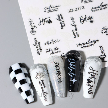Черно бели букви Стикери за нокти 3D графити Абстрактен чар Линия Етикет Изкуство Думи Дизайн на плъзгач Холографски ваденки Маникюр CHJO
