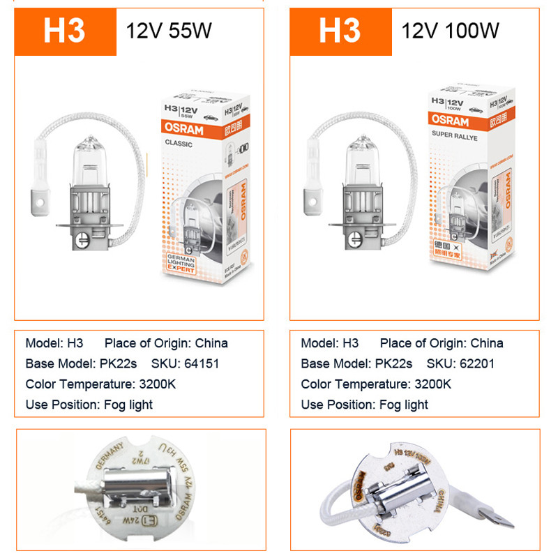 OSRAM H3 Halogene svjetiljke Žarulje za prednja svjetla automobila 55W 100W Standardna svjetla za maglu 3200K Žuta ampula Univerzalna mini auto Plug and Play