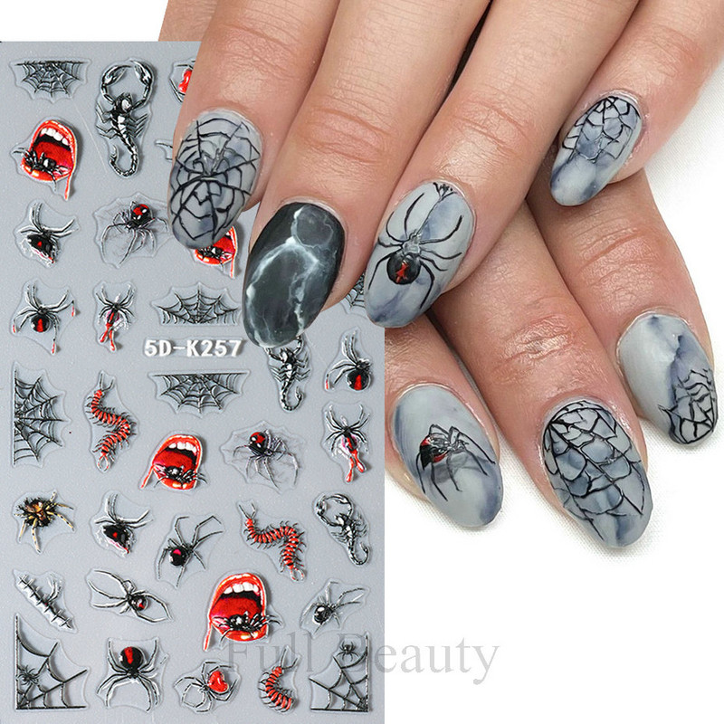 5D svijetloplavi pauk reljefne naljepnice za nokte Škorpion paukova mreža Zlo oko usta Dizajn klizača za nokte Noć vještica DIY dekor za manikuru