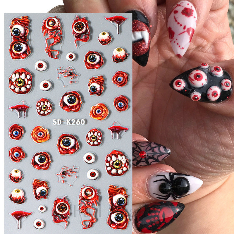 5D svijetloplavi pauk reljefne naljepnice za nokte Škorpion paukova mreža Zlo oko usta Dizajn klizača za nokte Noć vještica DIY dekor za manikuru