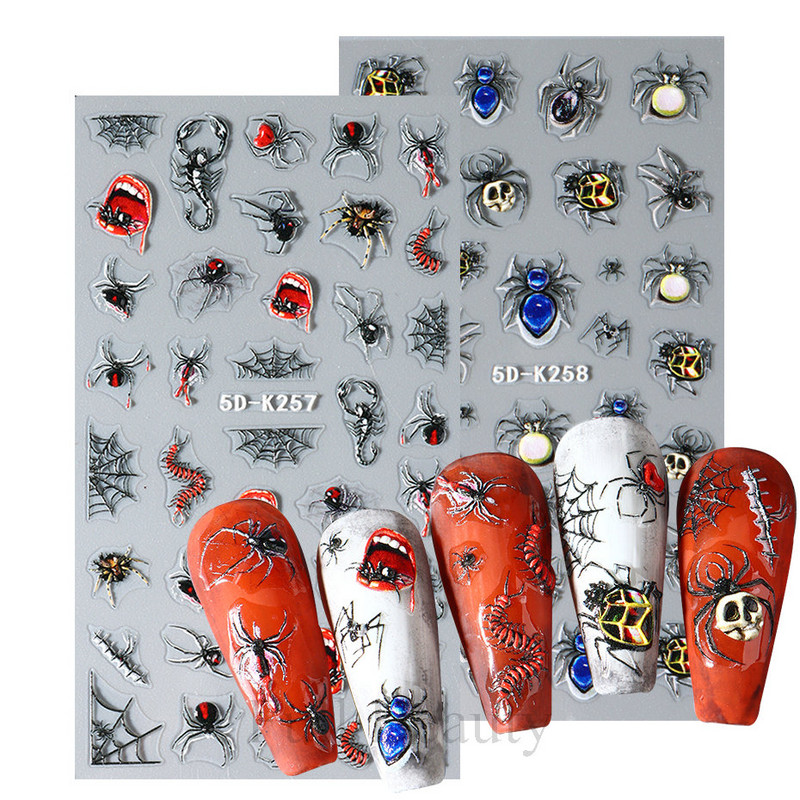 5D svijetloplavi pauk reljefne naljepnice za nokte Škorpion paukova mreža Zlo oko usta Dizajn klizača za nokte Noć vještica DIY dekor za manikuru
