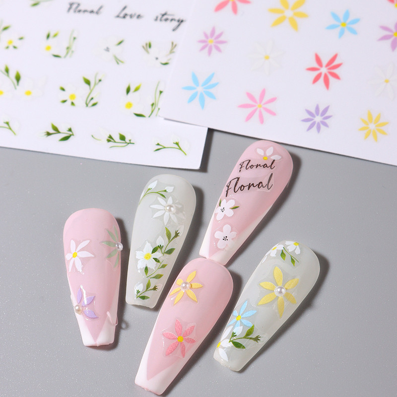 Lihtsad Lilled Lehed 3D Küünekleebised Karikakrad Lilled Prantsuse Otsejooned Prindi Sügisdisain Kleepliigud Maniküür Küünekleebised