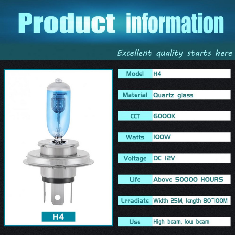 2tk H4 12V auto esitule pirn Super Bright 100W 6000K valge valgusega auto HOD halogeenlamp