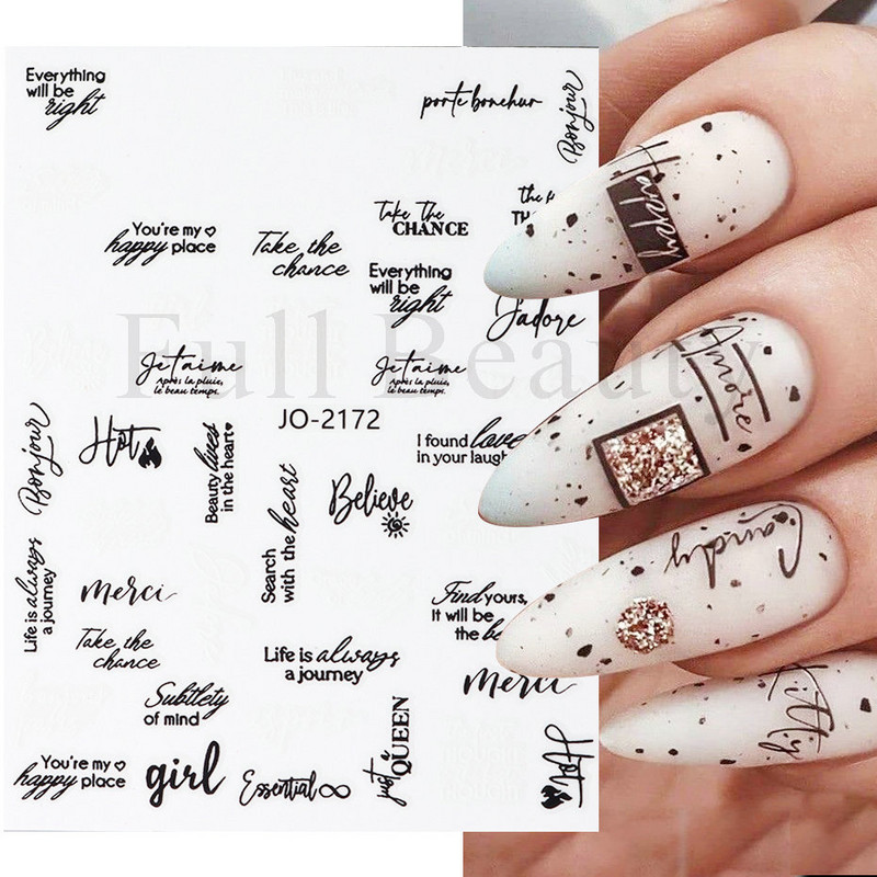 Autocolante pentru unghii cu litere albe și negru Glisoare cu cuvinte de dragoste pentru manichiură Personaj 3D Nail Art Polish Decalcomanie Piese de decorare FBJO2173