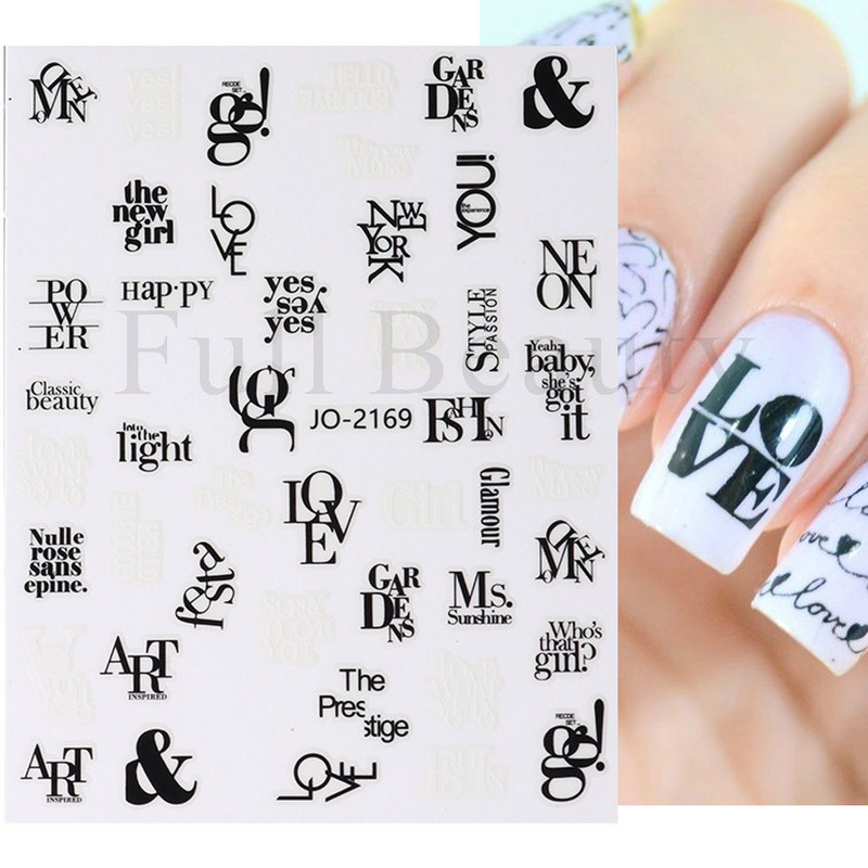Autocolante pentru unghii cu litere albe și negru Glisoare cu cuvinte de dragoste pentru manichiură Personaj 3D Nail Art Polish Decalcomanie Piese de decorare FBJO2173