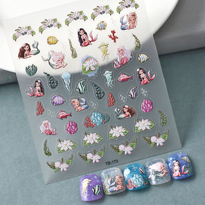 Plajă Valurile Mării Vară Reliefuri în relief 5D Auto-adezive Decorații pentru unghii Autocolante Cochilii de sirenă Meduză Decalcomanii pentru manichiură