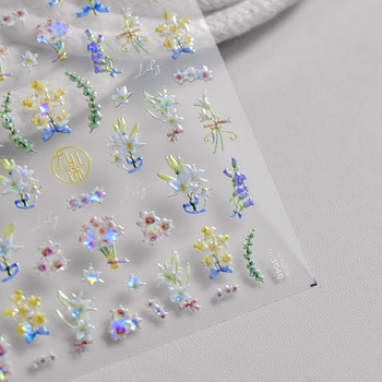 Fantasy Colorful Laser Flower Lily Lotus φύλλο ορχιδέας 3D μαλακά ανάγλυφα αυτοκόλλητα αυτοκόλλητα νυχιών για μανικιούρ 5D αυτοκόλλητα