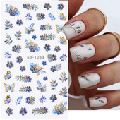 5D küünekleebis Sinine pronksjas lilleline lehtede kujundus Akrüülgraveeritud küünte liugurid Läikivad geellakiga kleebised Dekoratsioon LA5D-T033