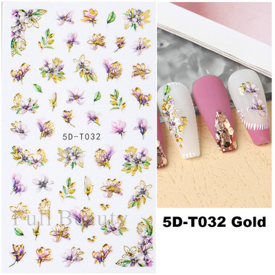 5D küünekleebis Sinine pronksjas lilleline lehtede kujundus Akrüülgraveeritud küünte liugurid Läikivad geellakiga kleebised Dekoratsioon LA5D-T033