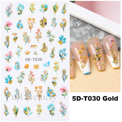 5D küünekleebis Sinine pronksjas lilleline lehtede kujundus Akrüülgraveeritud küünte liugurid Läikivad geellakiga kleebised Dekoratsioon LA5D-T033