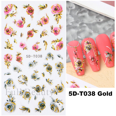 5D küünekleebis Sinine pronksjas lilleline lehtede kujundus Akrüülgraveeritud küünte liugurid Läikivad geellakiga kleebised Dekoratsioon LA5D-T033