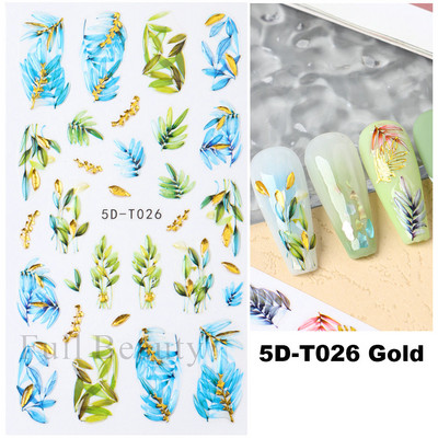 5D küünekleebis Sinine pronksjas lilleline lehtede kujundus Akrüülgraveeritud küünte liugurid Läikivad geellakiga kleebised Dekoratsioon LA5D-T033