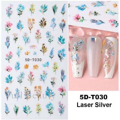 5D küünekleebis Sinine pronksjas lilleline lehtede kujundus Akrüülgraveeritud küünte liugurid Läikivad geellakiga kleebised Dekoratsioon LA5D-T033