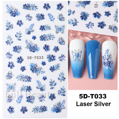 5D küünekleebis Sinine pronksjas lilleline lehtede kujundus Akrüülgraveeritud küünte liugurid Läikivad geellakiga kleebised Dekoratsioon LA5D-T033