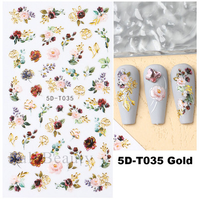 5D küünekleebis Sinine pronksjas lilleline lehtede kujundus Akrüülgraveeritud küünte liugurid Läikivad geellakiga kleebised Dekoratsioon LA5D-T033