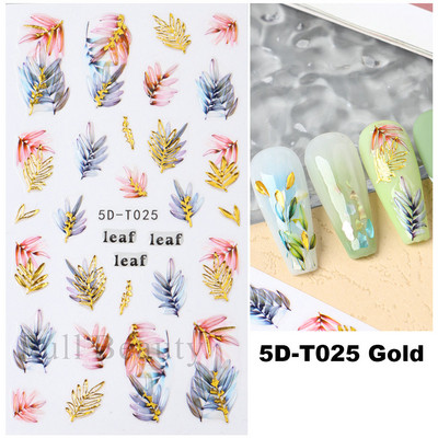 5D küünekleebis Sinine pronksjas lilleline lehtede kujundus Akrüülgraveeritud küünte liugurid Läikivad geellakiga kleebised Dekoratsioon LA5D-T033