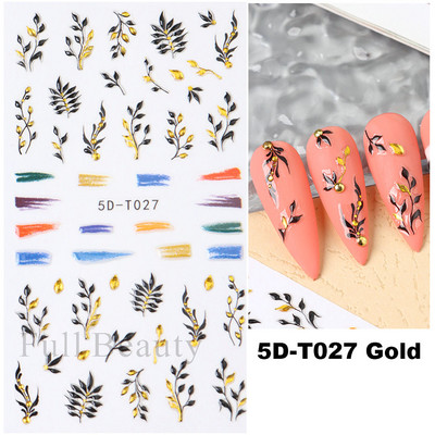 5D küünekleebis Sinine pronksjas lilleline lehtede kujundus Akrüülgraveeritud küünte liugurid Läikivad geellakiga kleebised Dekoratsioon LA5D-T033