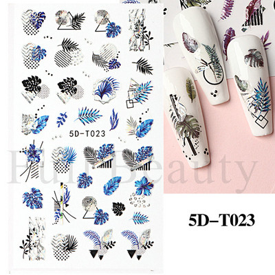 5D küünekleebis Sinine pronksjas lilleline lehtede kujundus Akrüülgraveeritud küünte liugurid Läikivad geellakiga kleebised Dekoratsioon LA5D-T033