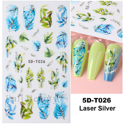 5D küünekleebis Sinine pronksjas lilleline lehtede kujundus Akrüülgraveeritud küünte liugurid Läikivad geellakiga kleebised Dekoratsioon LA5D-T033