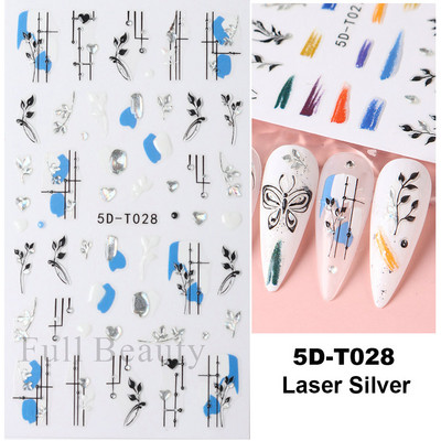 5D küünekleebis Sinine pronksjas lilleline lehtede kujundus Akrüülgraveeritud küünte liugurid Läikivad geellakiga kleebised Dekoratsioon LA5D-T033