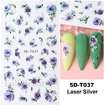 5D küünekleebis Sinine pronksjas lilleline lehtede kujundus Akrüülgraveeritud küünte liugurid Läikivad geellakiga kleebised Dekoratsioon LA5D-T033