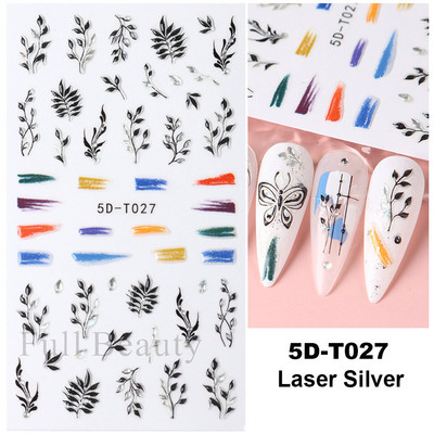 5D küünekleebis Sinine pronksjas lilleline lehtede kujundus Akrüülgraveeritud küünte liugurid Läikivad geellakiga kleebised Dekoratsioon LA5D-T033