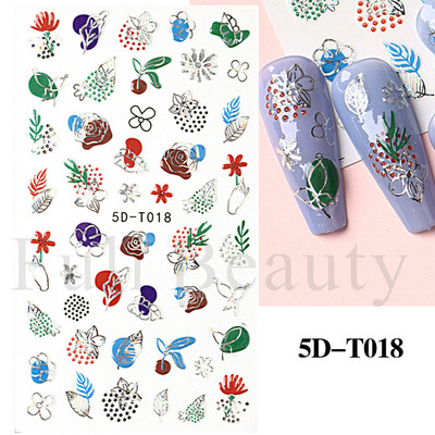 5D küünekleebis Sinine pronksjas lilleline lehtede kujundus Akrüülgraveeritud küünte liugurid Läikivad geellakiga kleebised Dekoratsioon LA5D-T033