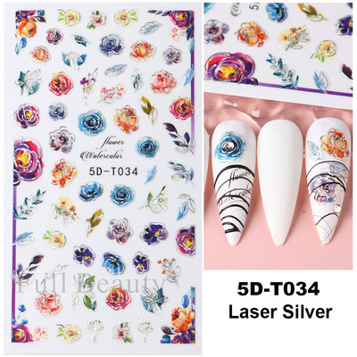 5D küünekleebis Sinine pronksjas lilleline lehtede kujundus Akrüülgraveeritud küünte liugurid Läikivad geellakiga kleebised Dekoratsioon LA5D-T033