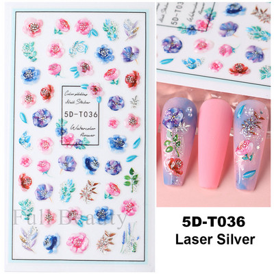 5D küünekleebis Sinine pronksjas lilleline lehtede kujundus Akrüülgraveeritud küünte liugurid Läikivad geellakiga kleebised Dekoratsioon LA5D-T033